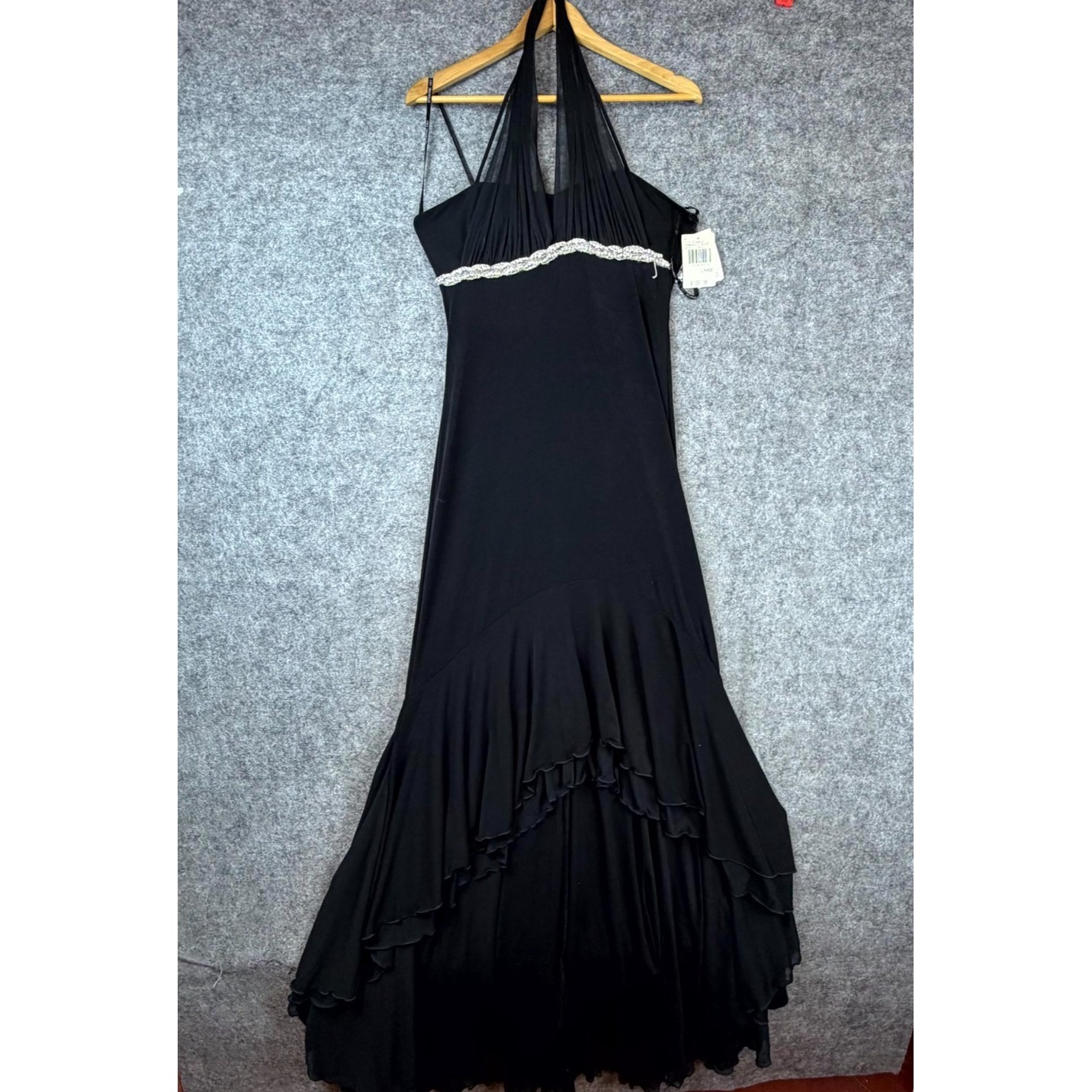 Vintage City Triangles Maxi Dress Womens L Black Halter Beaded Empire Waist Gown